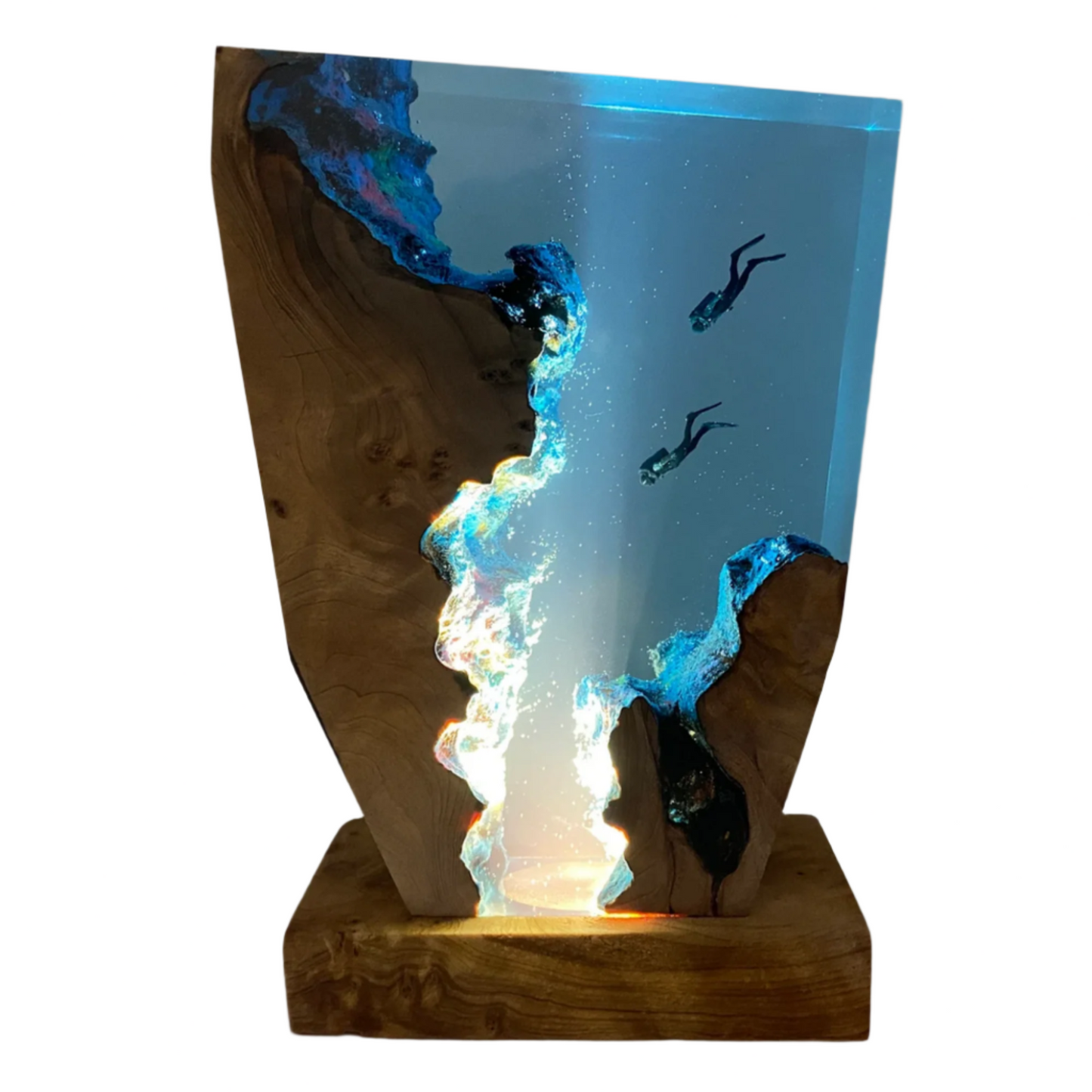 Handmade epoxy resin ocean lamp with wood, featuring two scuba divers and soft blue night light illumination.