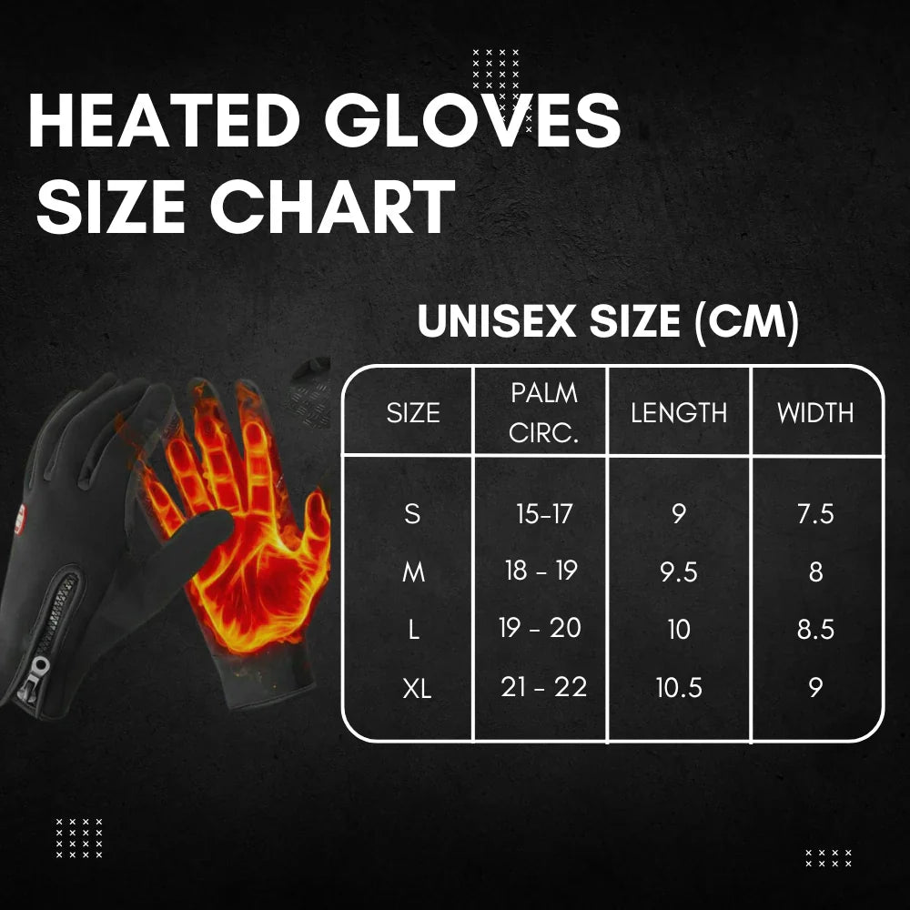 Fitlybuy black heated adventure gloves size chart showing hand heat distribution and measurements in centimeters.
