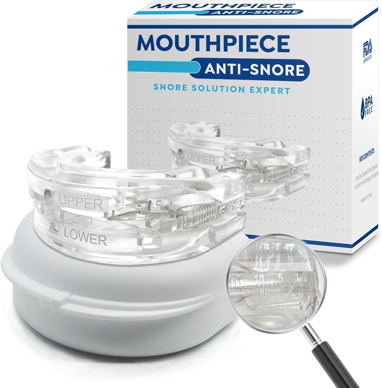 Clear Fitlybuy anti-snoring mouth guard with adjustable settings in front of its product box and storage case.