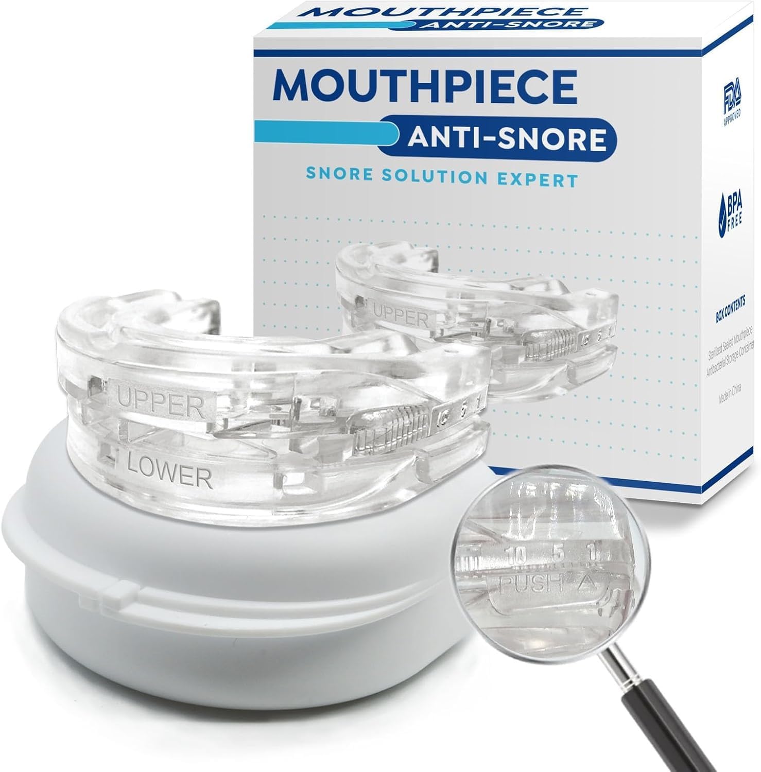 Clear Fitlybuy anti-snoring mouth guard with adjustable settings in front of its product box and storage case.