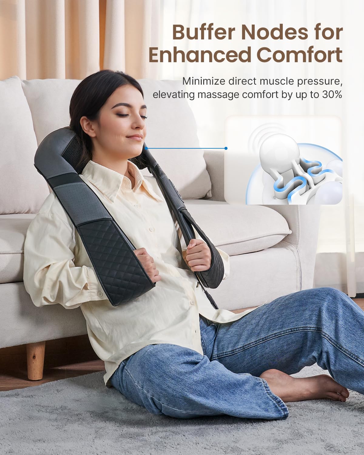 Woman using a black Fitlybuy U-Neck 2 massager with heat therapy and comfortable buffer nodes, sitting on a rug.