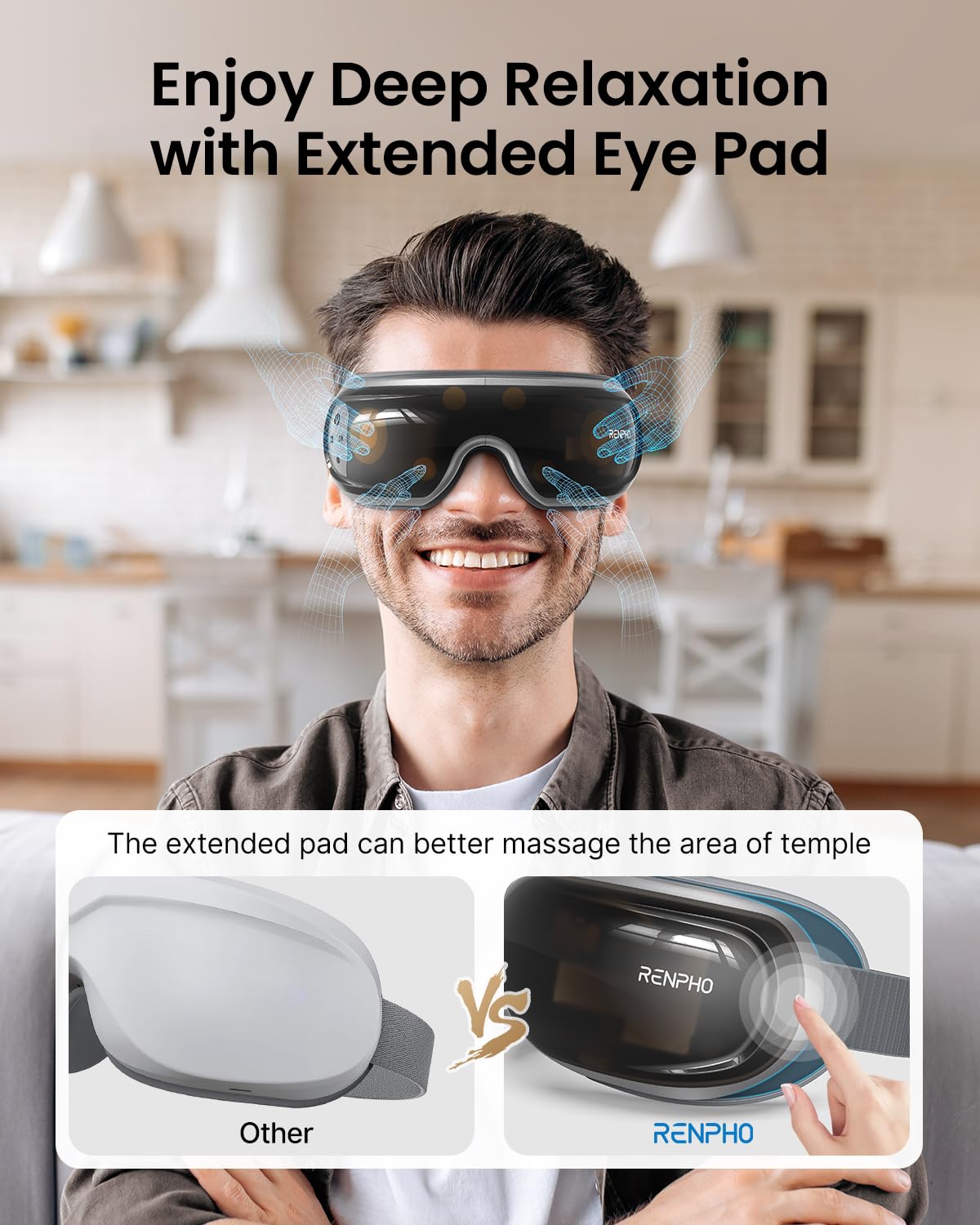 A man wears a grey, sleek Fitlybuy Eyeris 3 eye massager, highlighting its temple-massaging extended heat therapy pads.