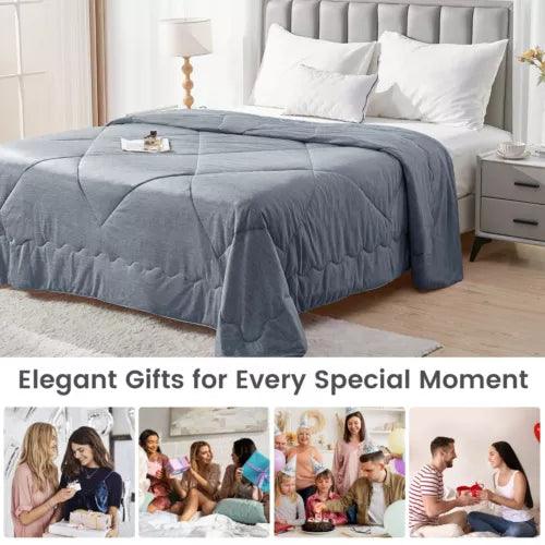 Fitlybuy grey ChillTech cooling blanket on a bed, with collage showing people giving gifts for various celebrations.