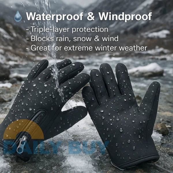 Black waterproof Fitlybuy heated adventure gloves with zippered cuffs in a snowy, outdoor winter environment.