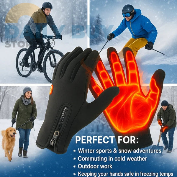 Fitlybuy black heated gloves with zippered cuffs, showing ThermoFlex heat distribution for winter outdoor activities.