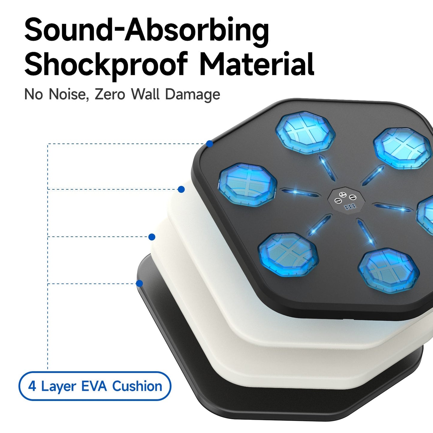 Fitlybuy Groovy Punch machine showing its 4-layer shockproof EVA cushion design with glowing blue interactive targets.