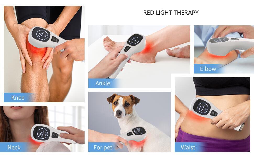 Fitlybuy handheld LLLT cold laser device in gray applying red light therapy to a person's knee, ankle, elbow, and waist.