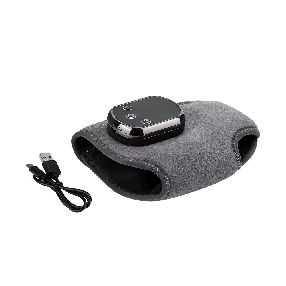 Grey electric heated foot and ankle therapy wrap with a black digital control panel and included USB charging cable.
