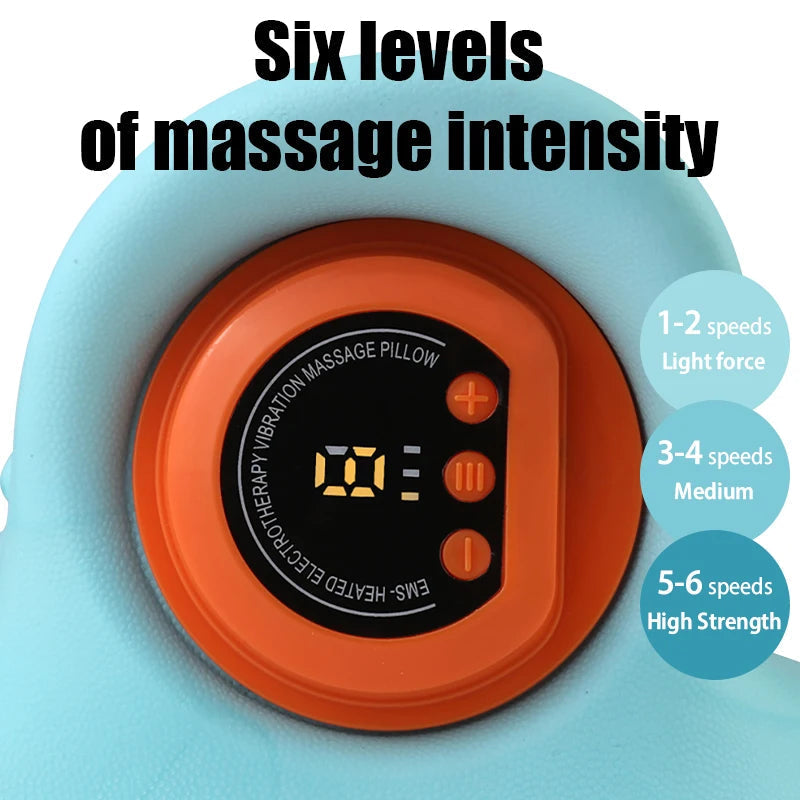 Fitlybuy blue electric neck stretcher with orange control panel showing six massage intensity levels and digital display.