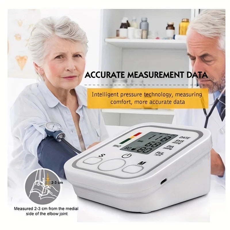 Fitlybuy EasyCheck white digital blood pressure monitor with screen, shown during a medical check-up.