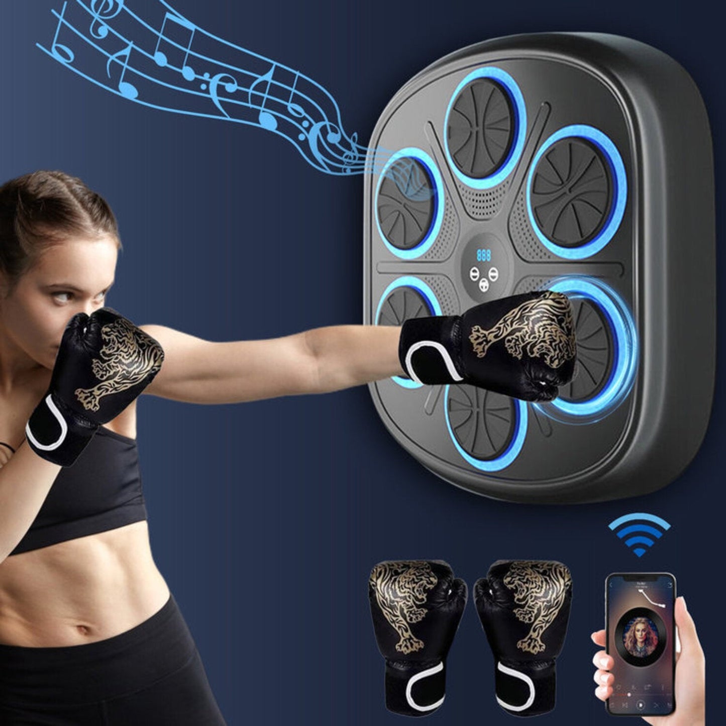 A woman punches a black, wall-mounted Fitlybuy Groovy Punch fitness machine with glowing blue LED target circles.