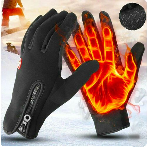 Black Fitlybuy heated adventure gloves with a wrist zipper and flaming ThermoFlex heat graphic, in a snowy landscape.