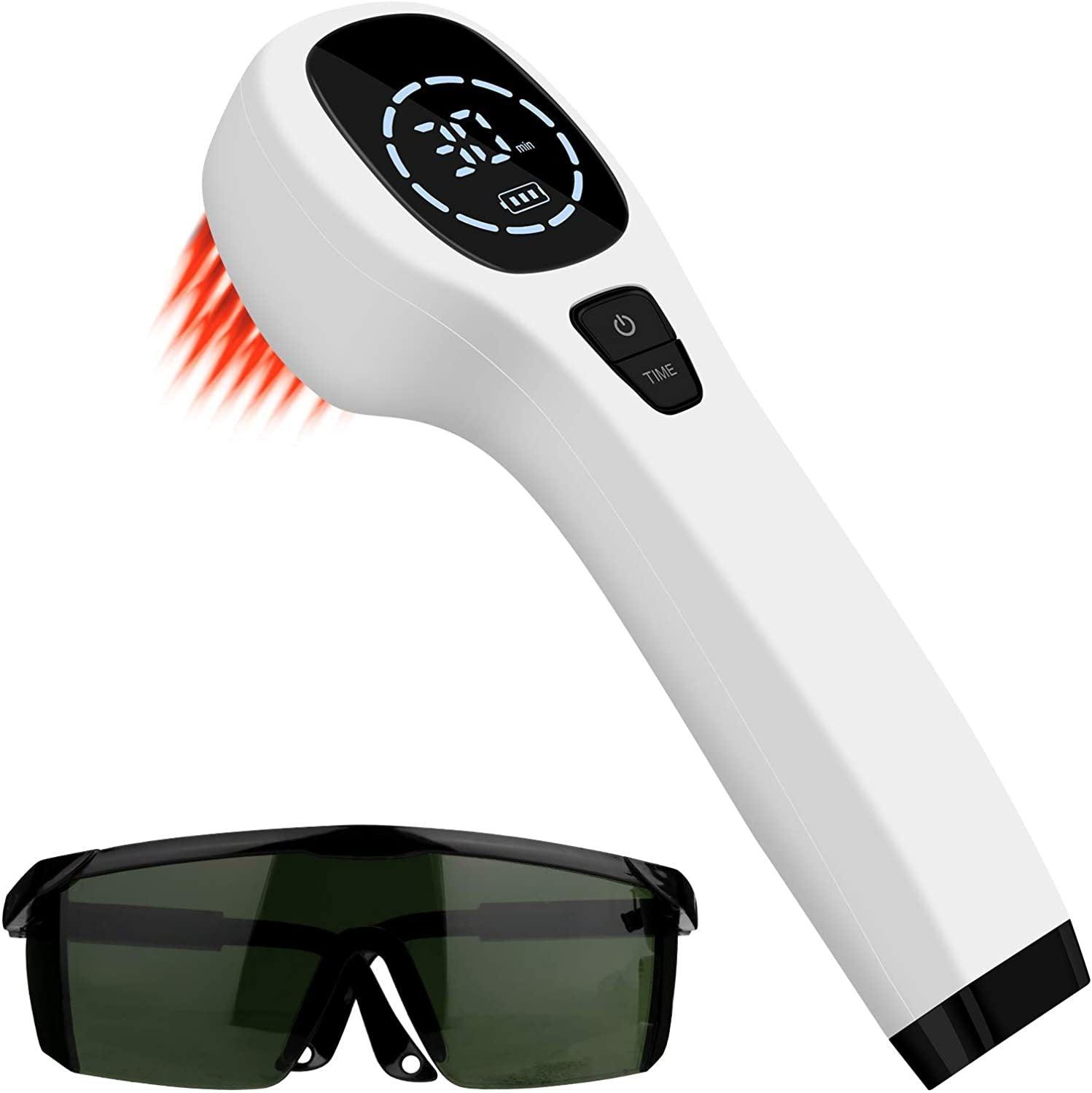 White Fitlybuy handheld cold laser therapy device with digital display, red light emitter, and protective safety glasses.