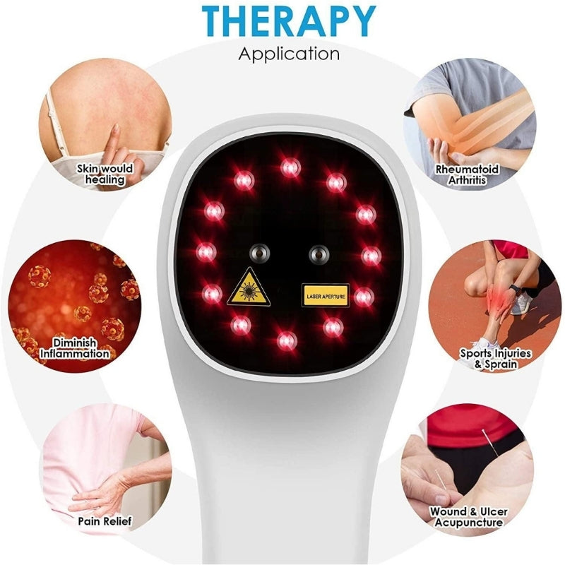 White Fitlybuy cold laser therapy device with 12 red lights, shown with application examples for pain and healing.