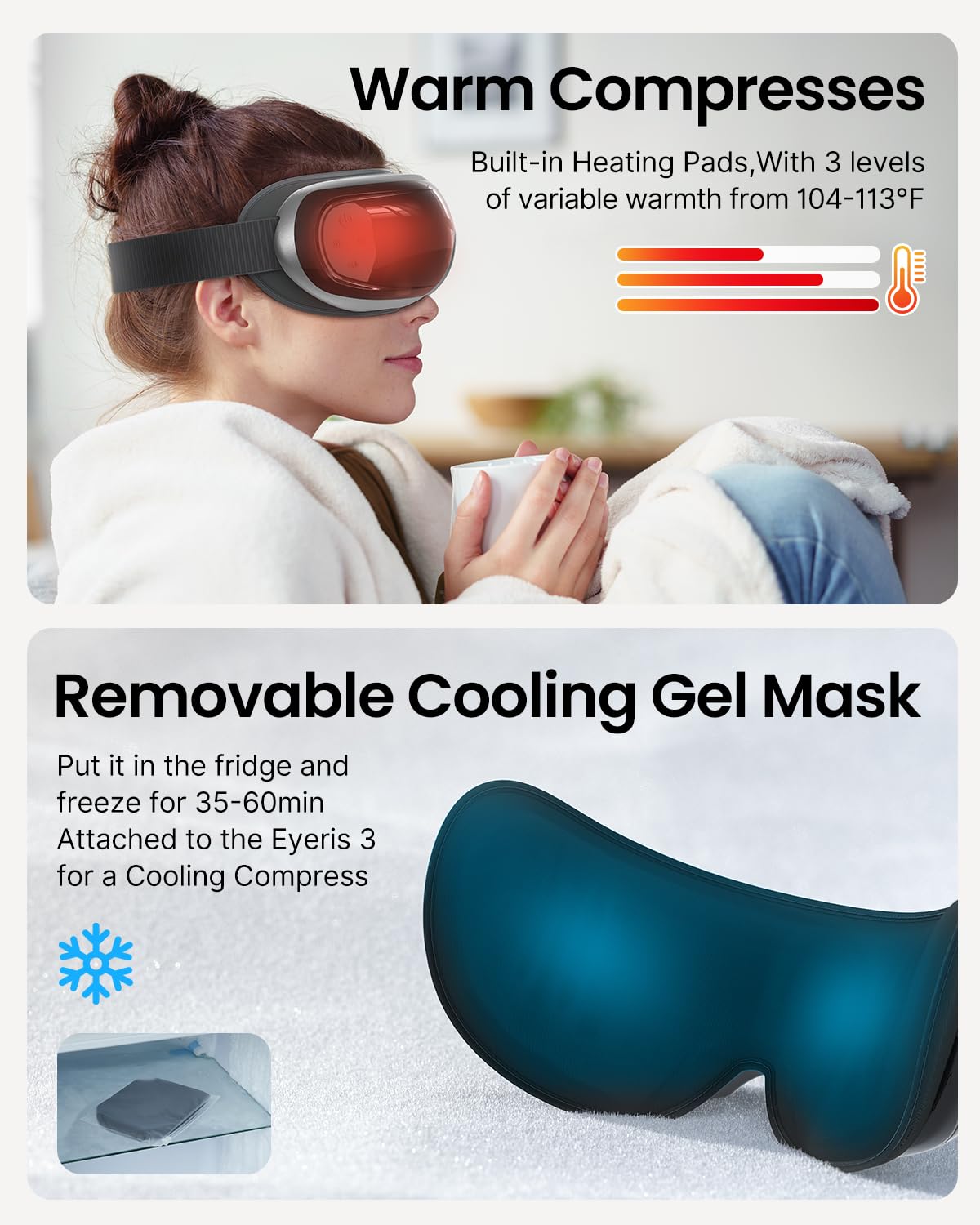 Woman wearing gray Fitlybuy Eyeris 3 eye massager with red heat therapy, plus a removable blue cooling gel mask.
