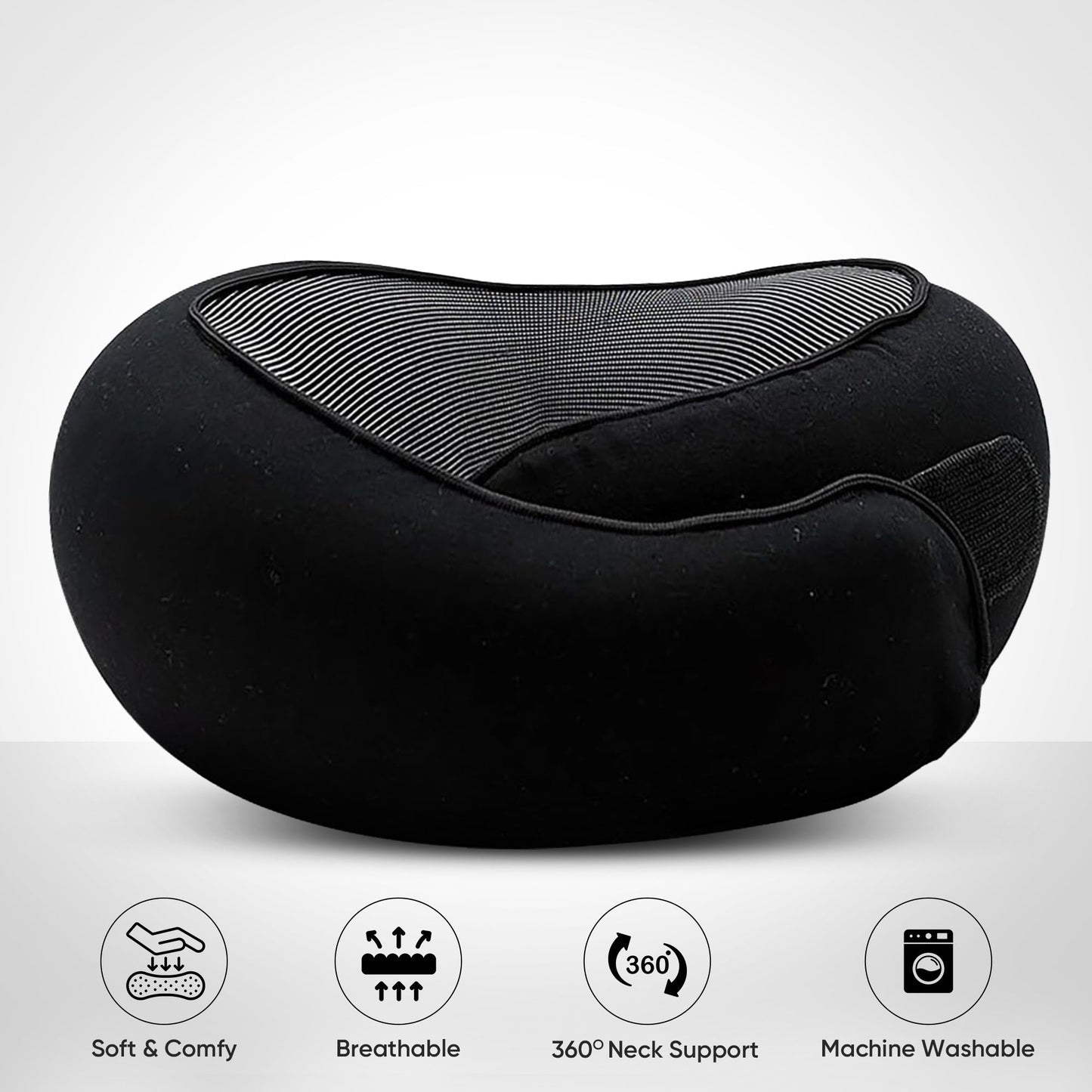 Black Fitlybuy butterfly travel neck pillow with striped mesh center, ergonomic design, and four feature icons below.