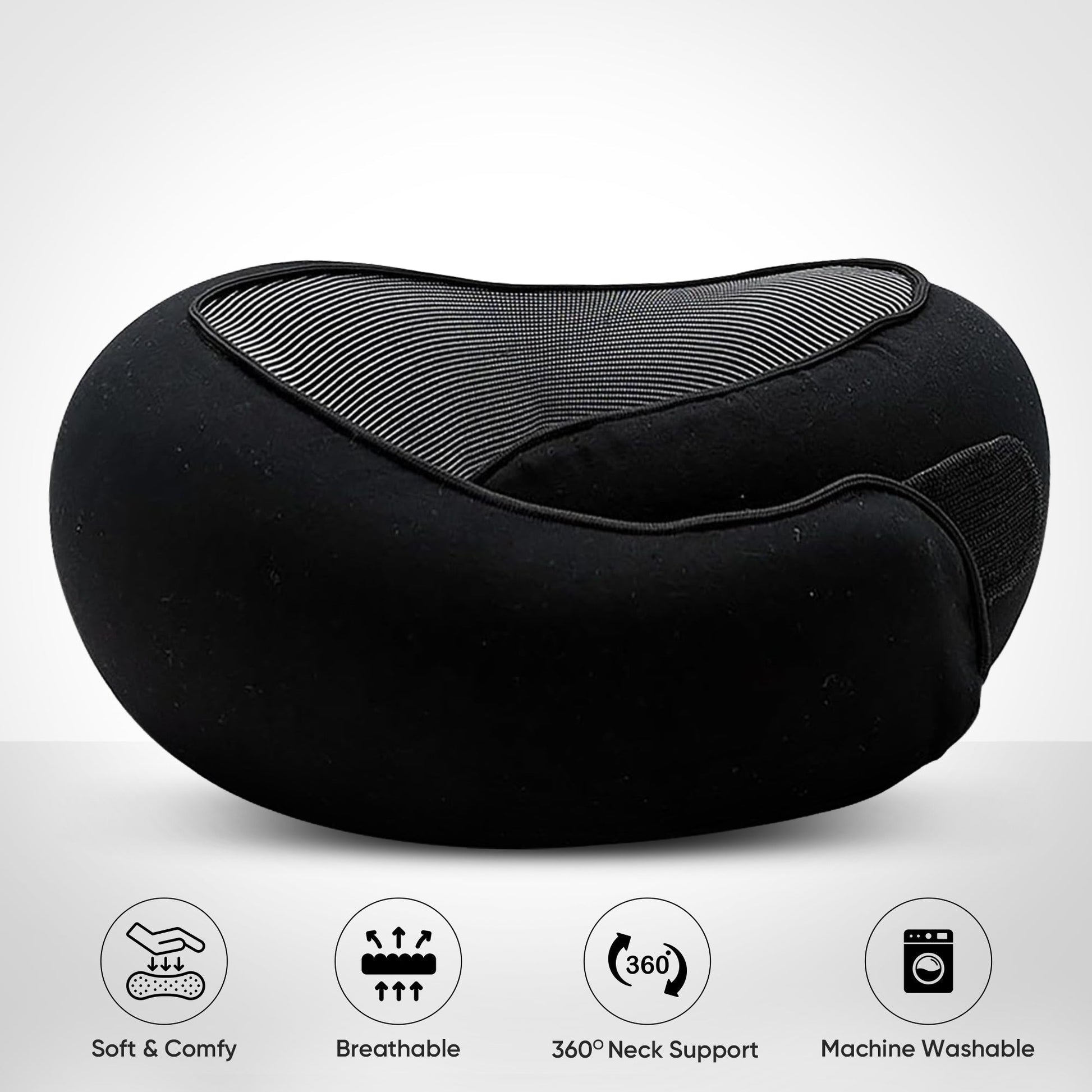 Black Fitlybuy butterfly travel neck pillow with striped mesh center, ergonomic design, and four feature icons below.