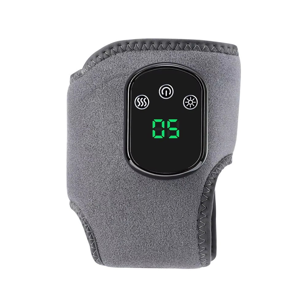 Gray Fitlybuy heated foot & ankle wrap with a digital control panel displaying "05" and touch buttons on white background.