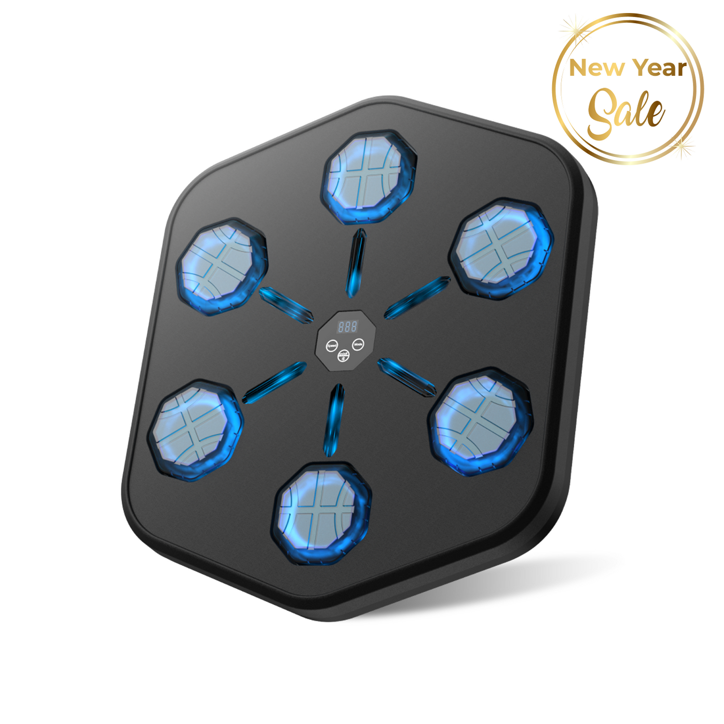 Black hexagonal Fitlybuy wall-mounted punch machine with six blue light-up targets and central digital display.