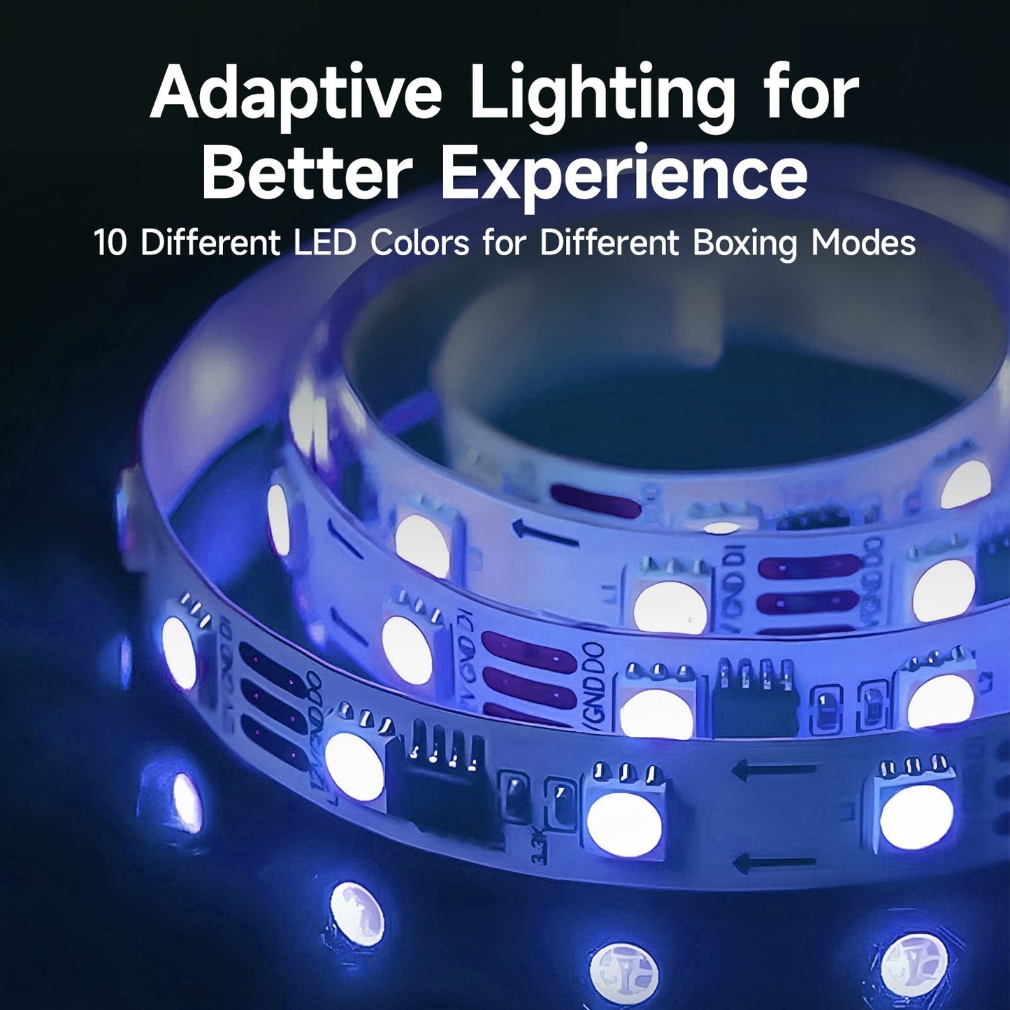 Fitlybuy Groovy Punch LED light strip with 10 adaptive colors for an immersive, rhythmic boxing workout experience.