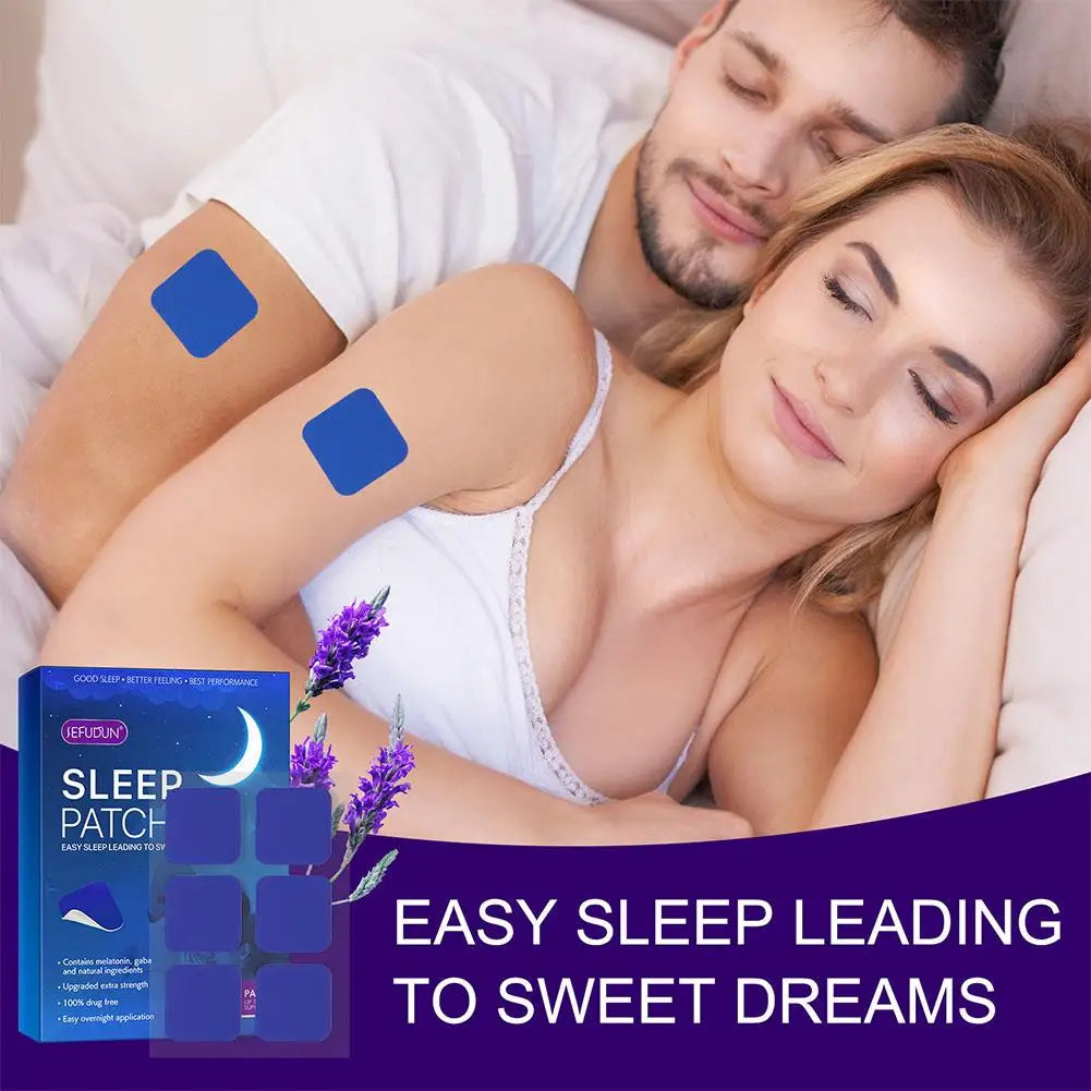 Couple sleeping with blue Fitlybuy Dream Easy Sleep patches on their arms next to the product packaging with lavender.