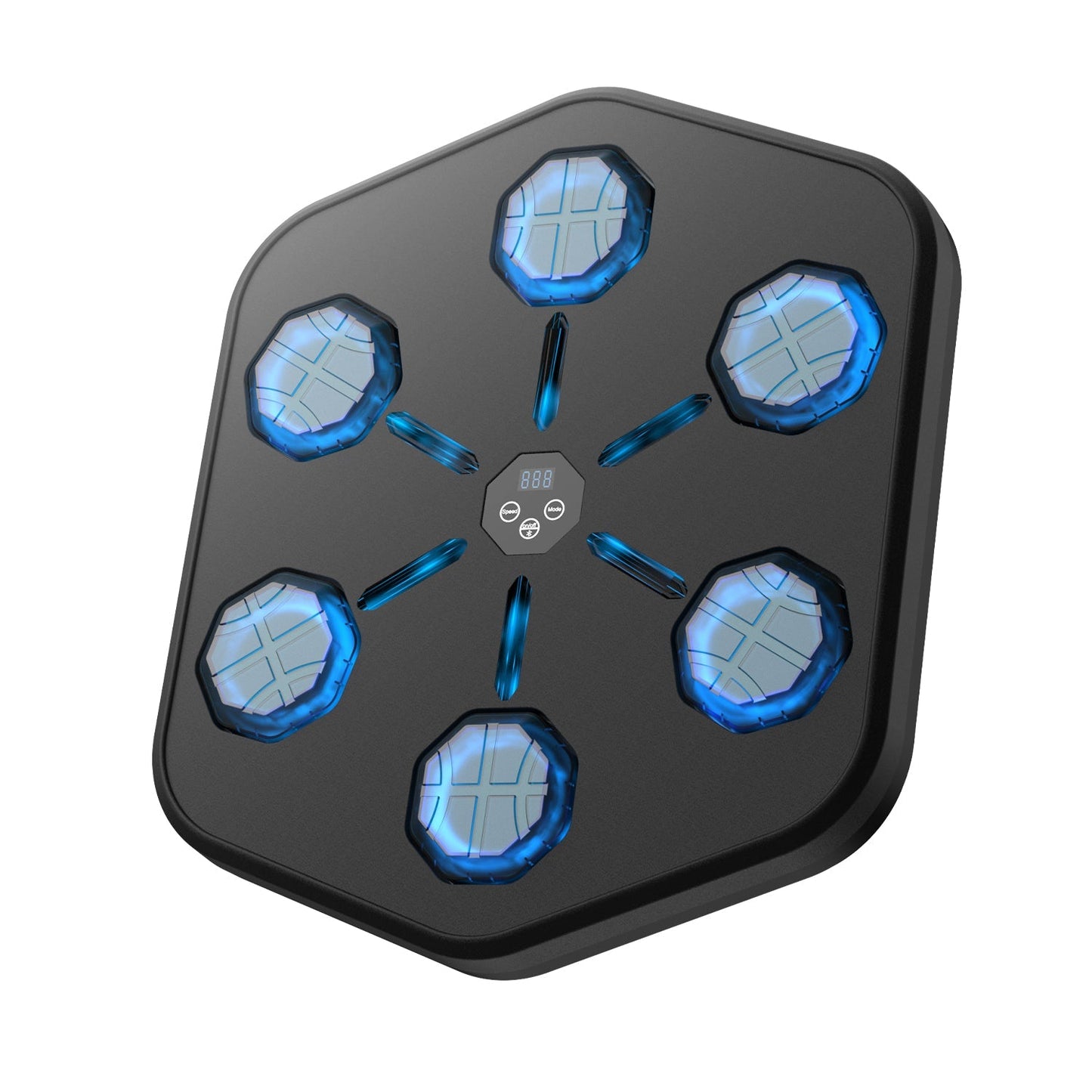 Fitlybuy Groovy Punch wall-mounted fitness machine with hexagonal black board, 6 glowing blue pads, and LED display.
