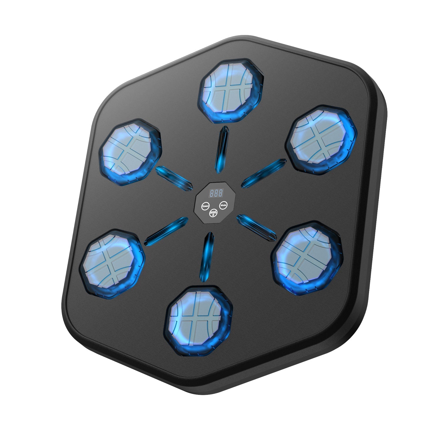 Fitlybuy Groovy Punch wall-mounted fitness machine with hexagonal black board, 6 glowing blue pads, and LED display.