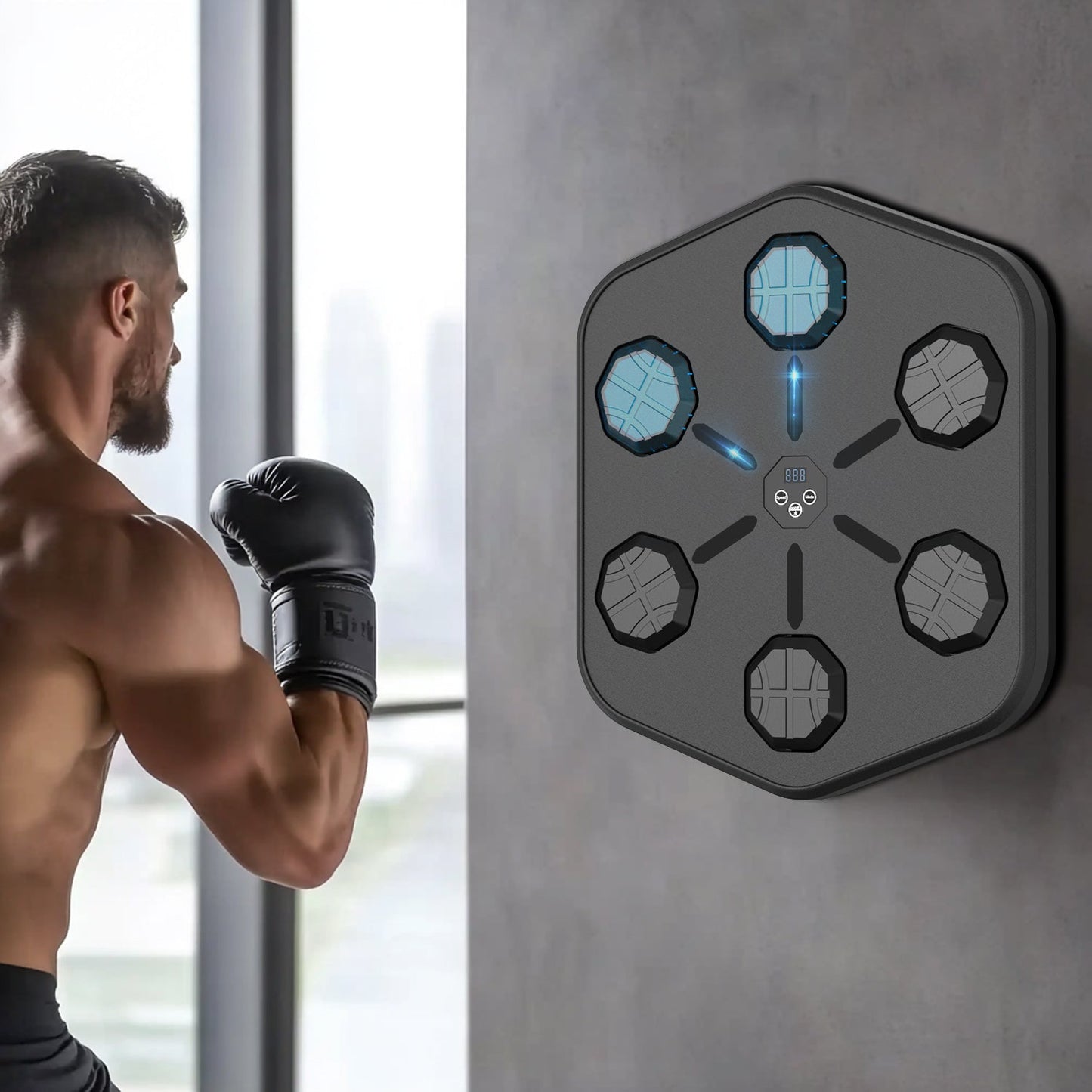Man training with a black, hexagonal Fitlybuy Groovy Punch wall-mounted fitness machine featuring light-up targets.