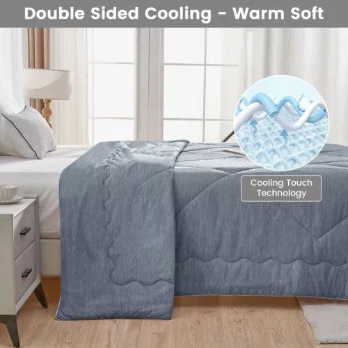 Blue Fitlybuy Aussie Cool Ice blanket on a bed, featuring ChillTech cooling fabric technology for double-sided comfort.