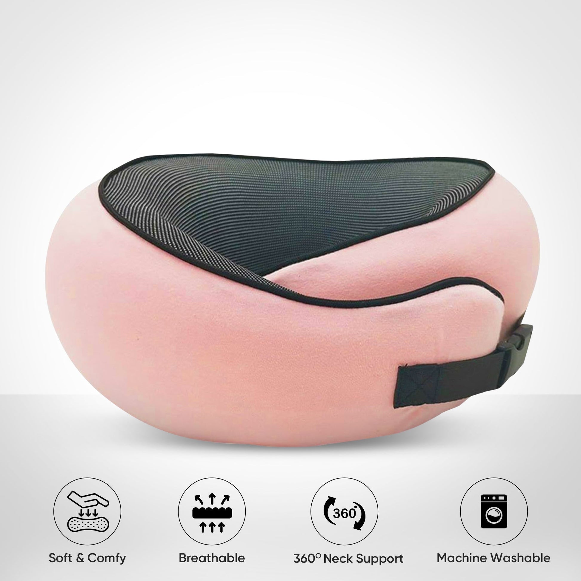 Pink and black ergonomic butterfly travel neck pillow with adjustable strap and four key feature icons below.