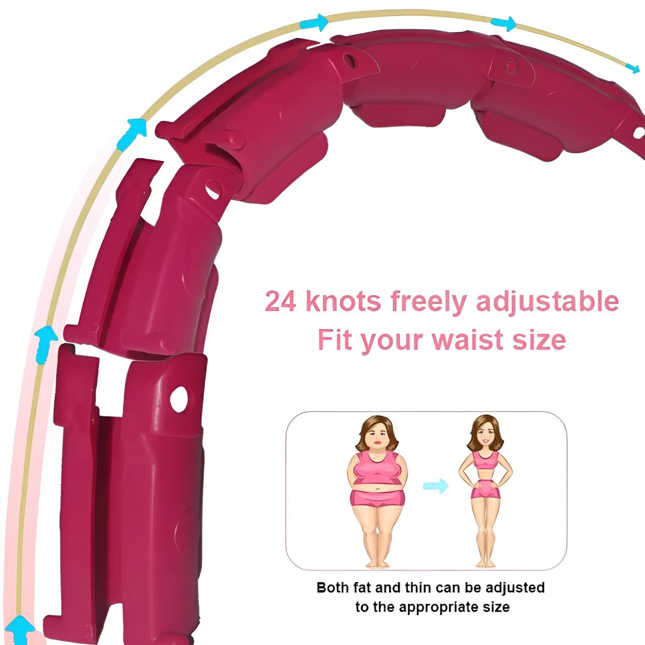 Magenta Fitlybuy smart weighted hula hoop with 24 adjustable knots, shown with slimming progress illustration.