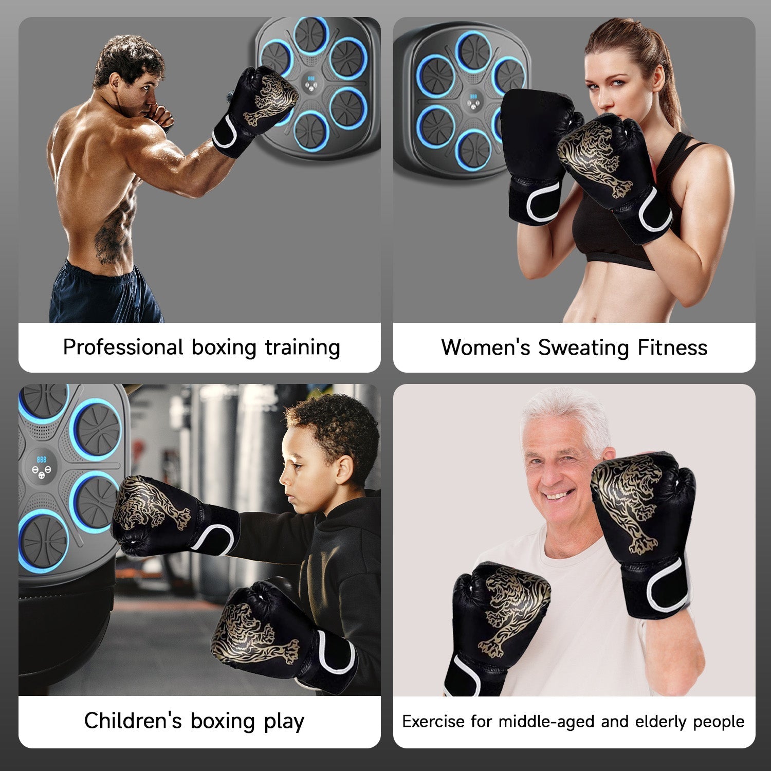 Fitlybuy Groovy Punch wall-mounted music boxing machine with blue lit targets and tiger-print gloves for all ages.