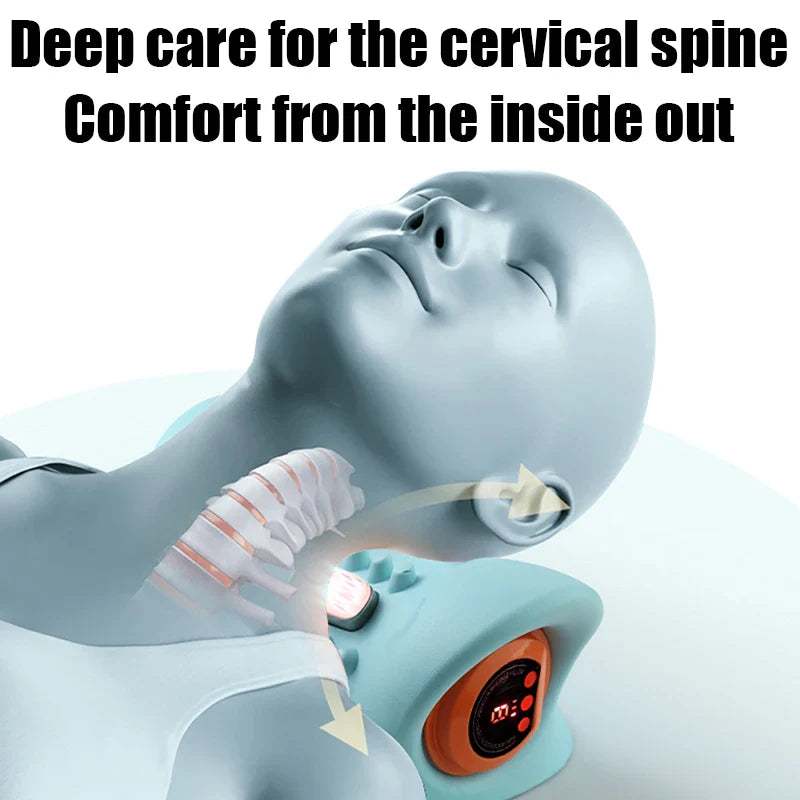 Fitlybuy electric blue neck stretcher with digital display, used for cervical spine relief and ergonomic comfort.