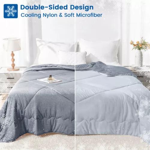 Fitlybuy grey double-sided cooling blanket with ChillTech fabric, displayed on a bed in a bright bedroom.