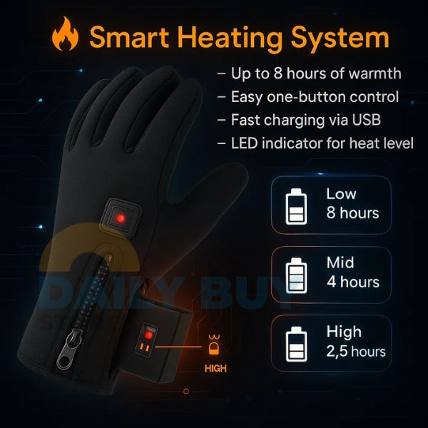 Fitlybuy black heated adventure gloves with ThermoFlex, LED heat control, USB charging, and battery life indicators.