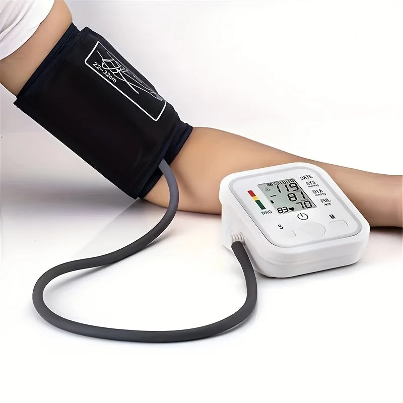 Fitlybuy EasyCheck blood pressure monitor on an arm, featuring a white digital display unit and black cuff.