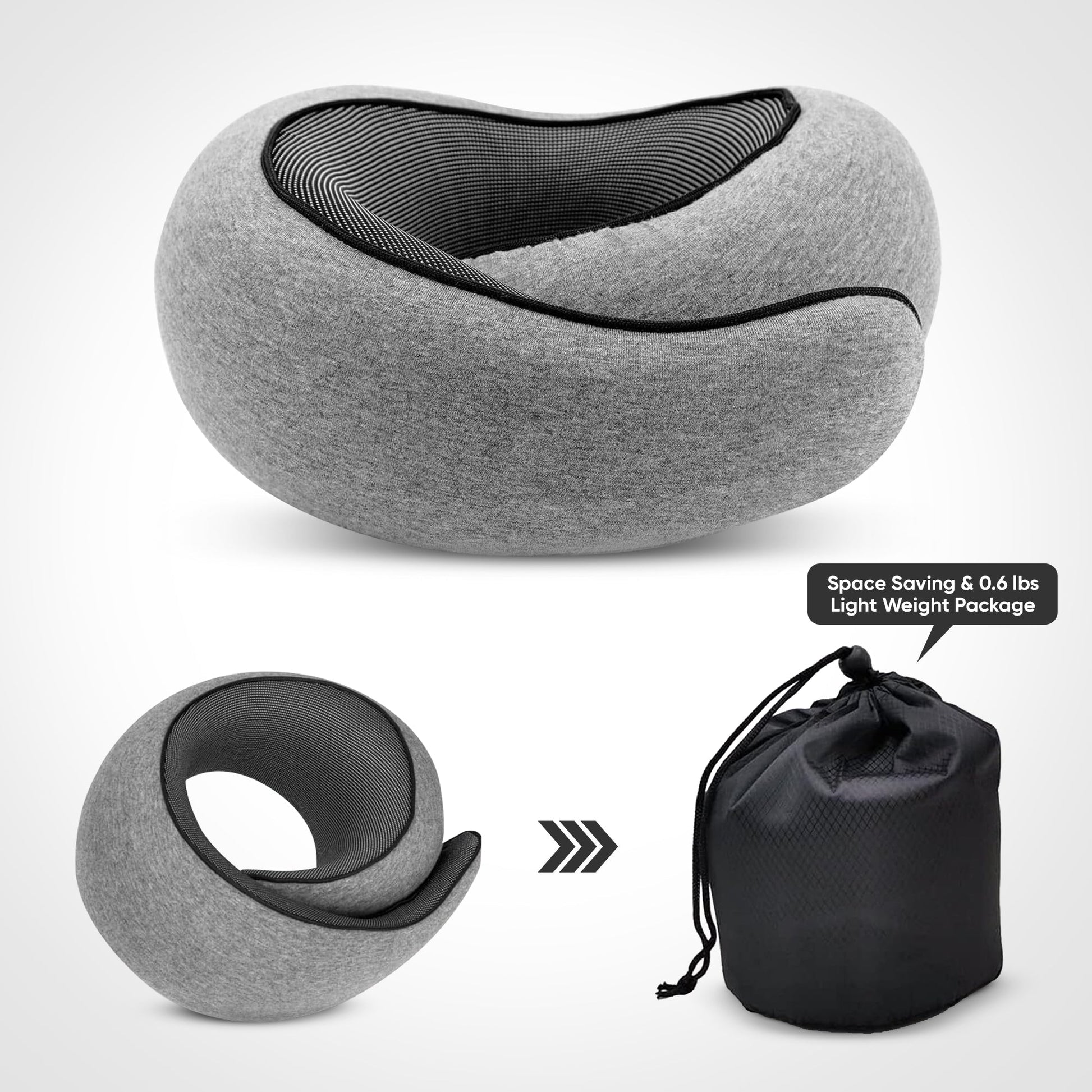 Grey Fitlybuy butterfly travel neck pillow with ergonomic mesh lining, shown folding into a lightweight travel pouch.