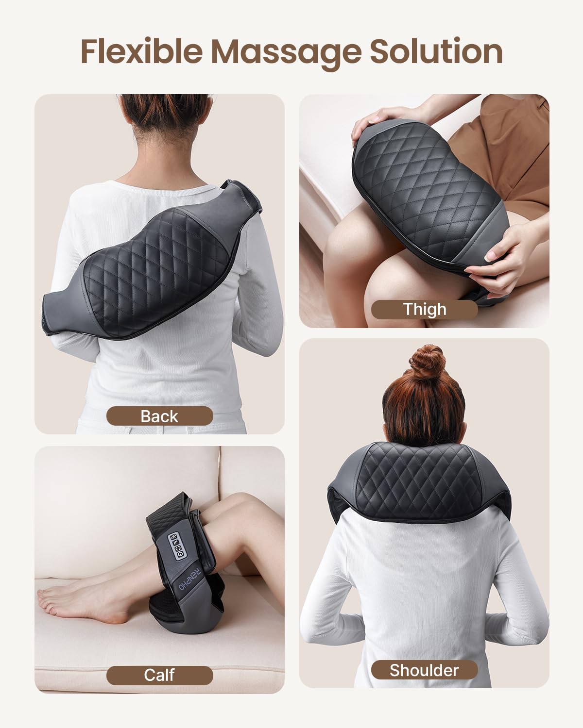 Fitlybuy U-Neck 2 black, quilted heated massager used on back, thigh, calf, and shoulders to demonstrate versatility.
