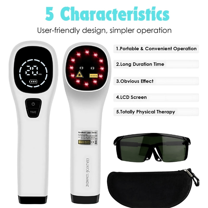 Fitlybuy handheld cold laser therapy device with LCD screen, red light diodes, protective glasses, and storage case.