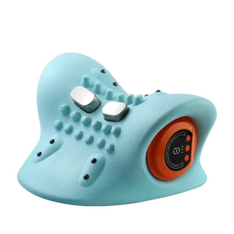 Fitlybuy light blue electric neck stretcher with ergonomic textured surface, silver contact points, and digital display.