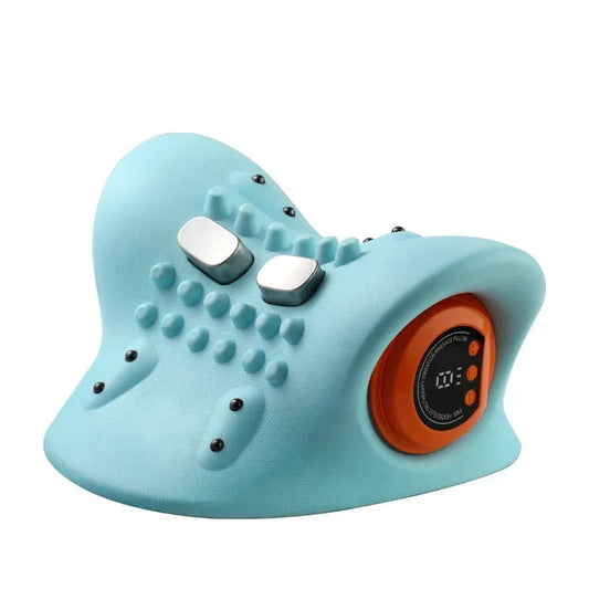 Fitlybuy light blue electric neck stretcher with ergonomic textured surface, silver contact points, and digital display.
