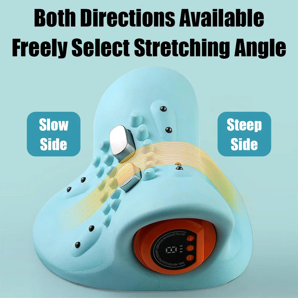 Light blue Fitlybuy electric neck stretcher with dual-angle sides, metal electrode nodes, and orange digital display.