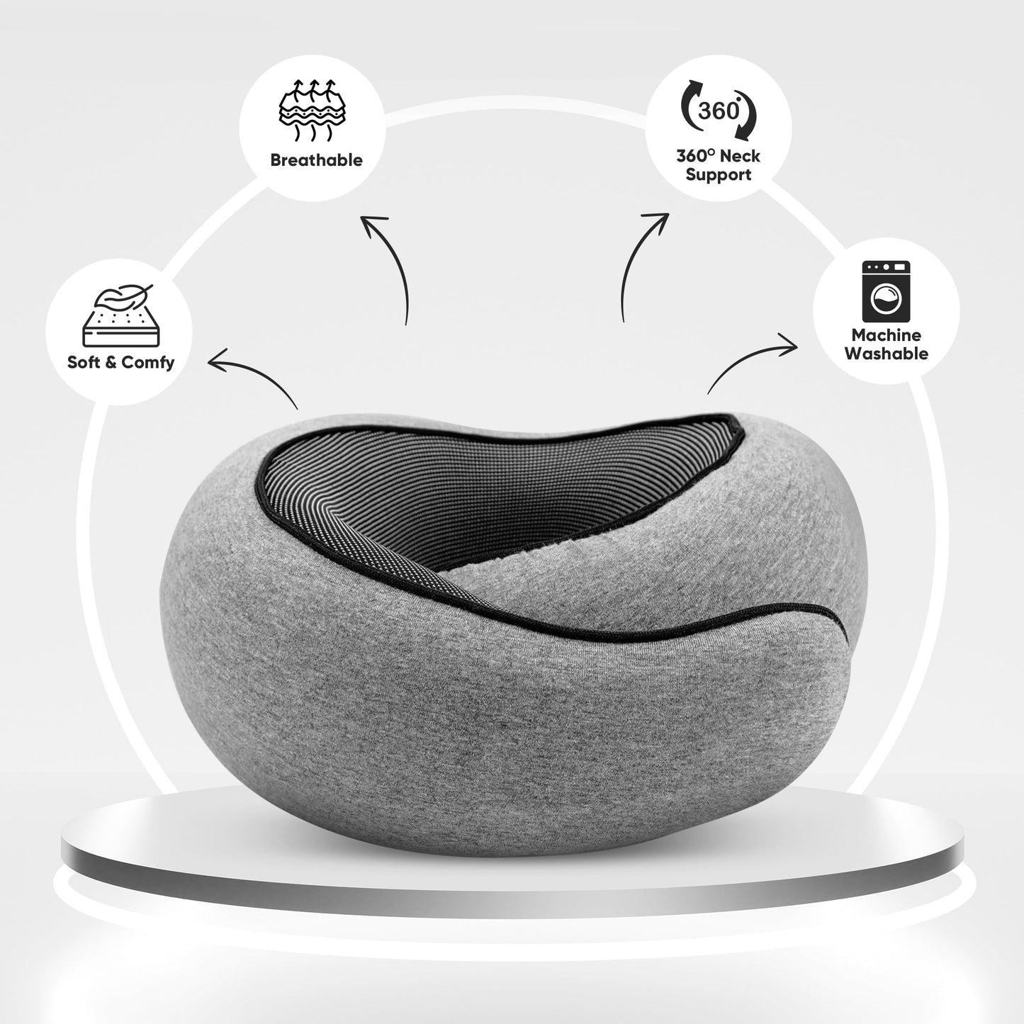 Grey Fitlybuy butterfly travel neck pillow with black trim, showing breathable, 360-support, and washable features.