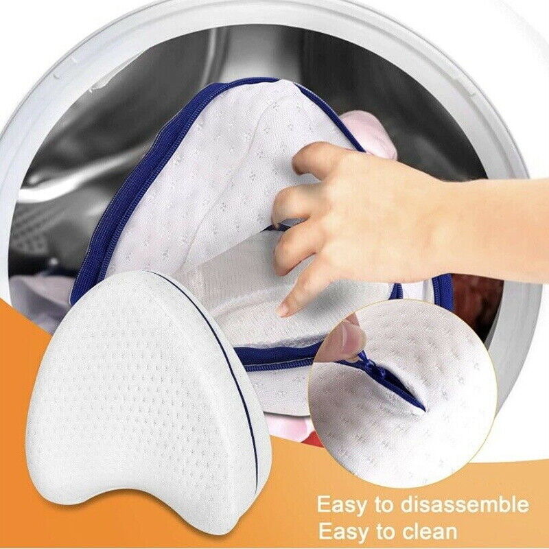Fitlybuy memory foam knee pillow with a removable, washable white cover, shown being cleaned in a washing machine.