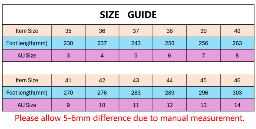 Fitlybuy barefoot shoes size guide table, featuring item sizes 35-46, foot length in mm, and corresponding AU sizes.