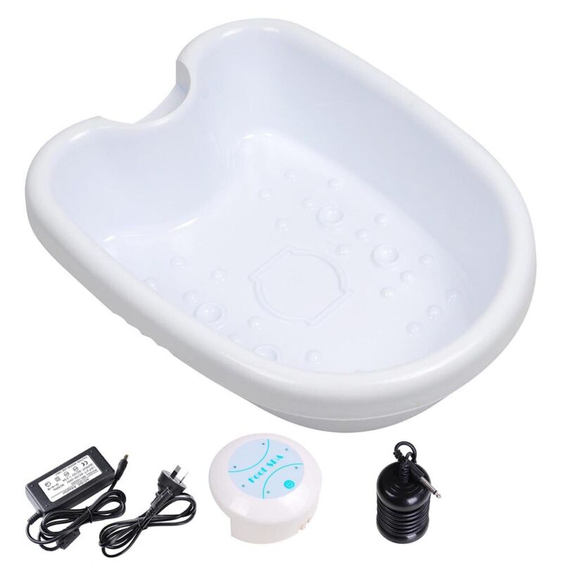 White Fitlybuy ionic foot spa basin with power adapter, control unit, and black detox array on a white background.