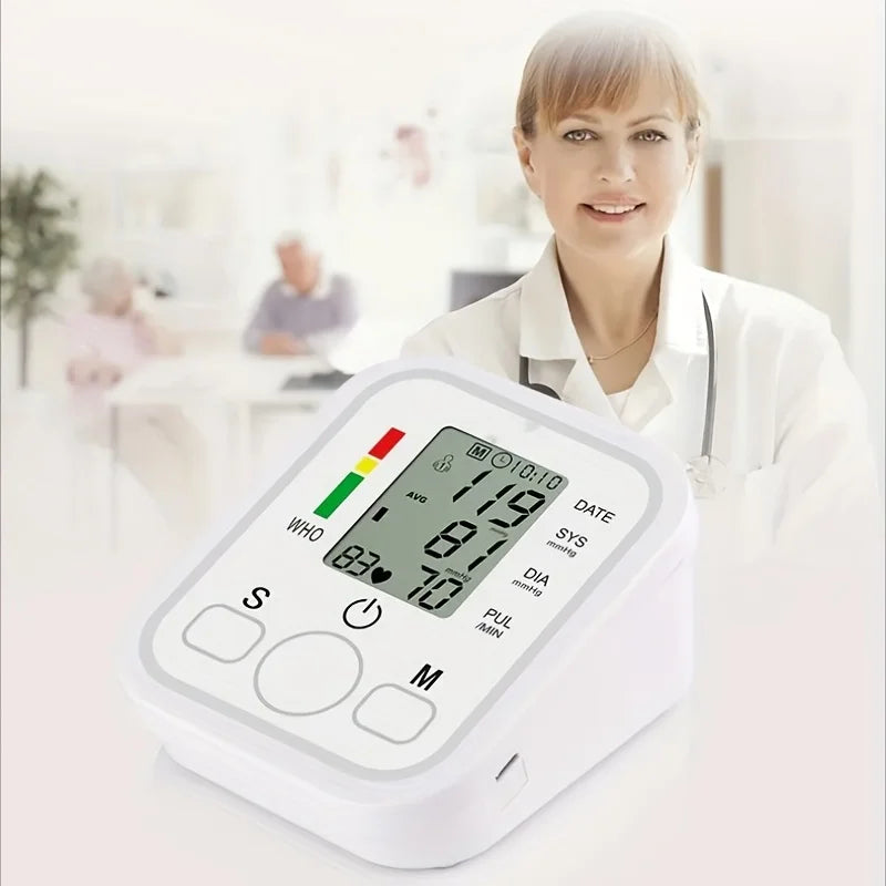 Fitlybuy EasyCheck BP monitor with white case, digital screen showing pulse/blood pressure, and a medical setting.