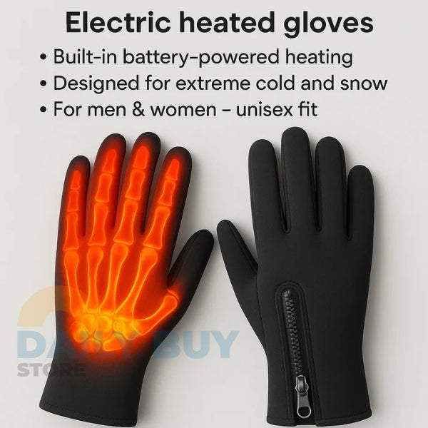 Fitlybuy black battery-heated unisex gloves showing glowing orange internal heating elements and a zippered wrist closure.