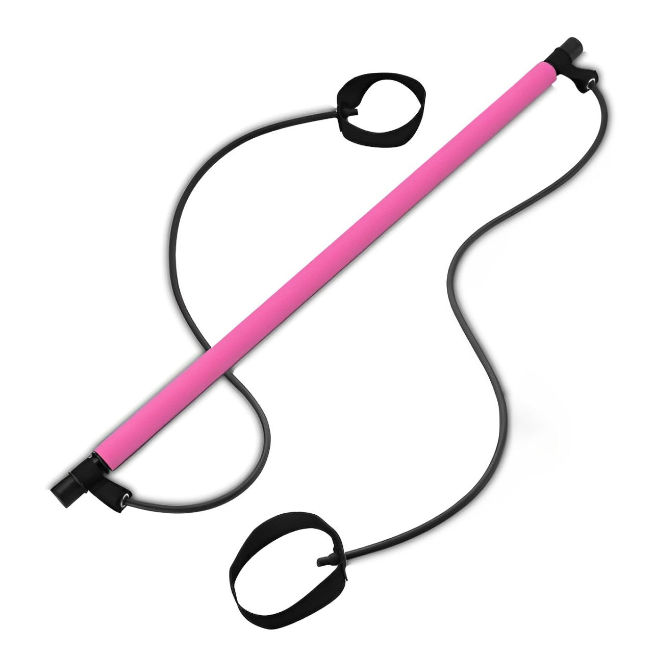 Pink Fitlybuy Pilates bar with black resistance bands and adjustable foot loops against a white background.