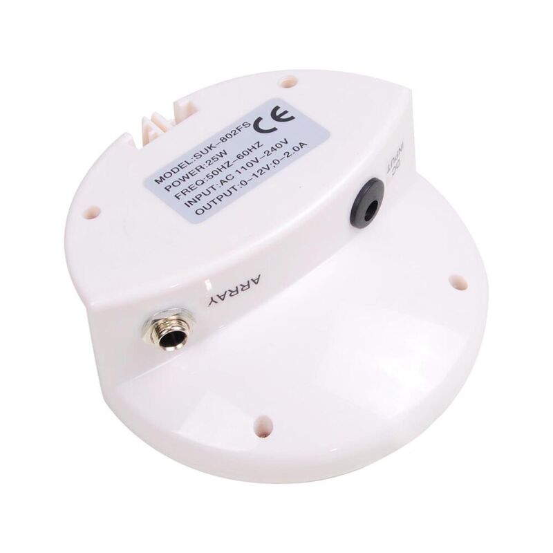 White ionic foot spa array detox unit with power specifications label and metal connection port on isolated background.
